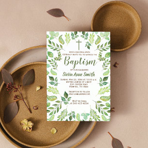Green Foliage Watercolor Baptism Invitation