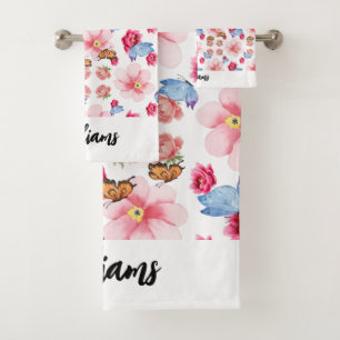 Green Foliage Watercolor Flowers Bath Towel Set