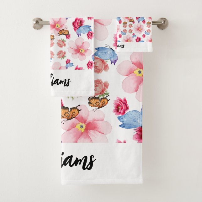 Green Foliage Watercolor Flowers  Bath Towel Set (Insitu)