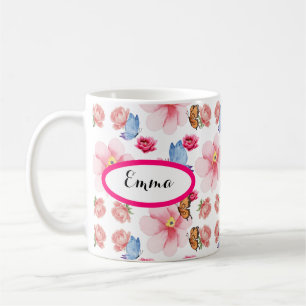 Green Foliage Watercolor Flowers Coffee Mug