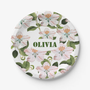 Green Foliage Watercolor Flowers Paper Plates