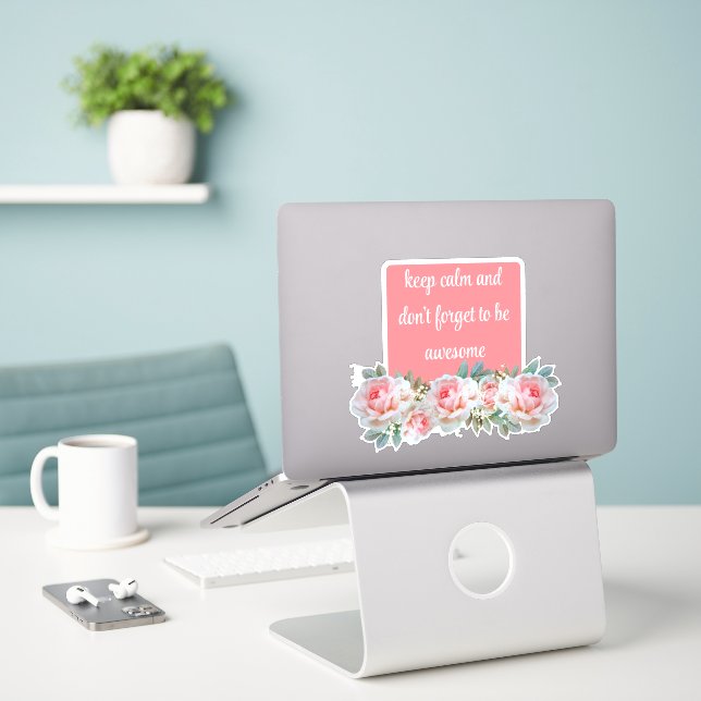 Green Foliage Watercolor Flowers Sticker (Laptop On Desk)