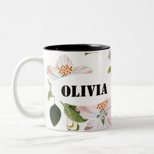 Green Foliage Watercolor Flowers  Two-Tone Coffee Mug