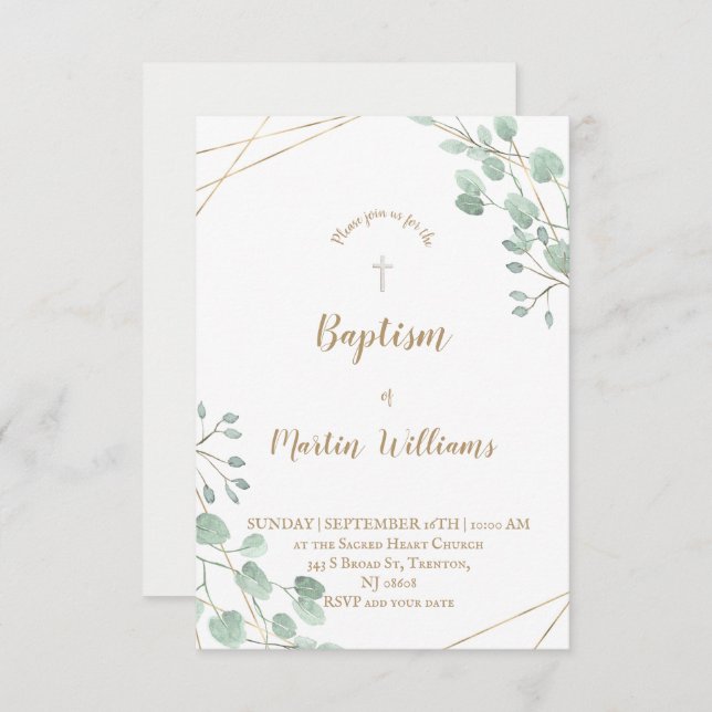 green foliage watercolor gold frame • Baptism Invitation (Front/Back)