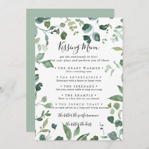 Green Foliage Wedding Kissing Menu Game Card