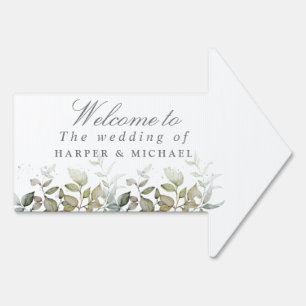 Green foliage wedding welcome arrow sign