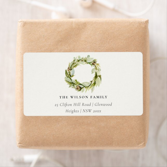 Green Foliage Winter Wreath Christmas Address Label (Insitu)