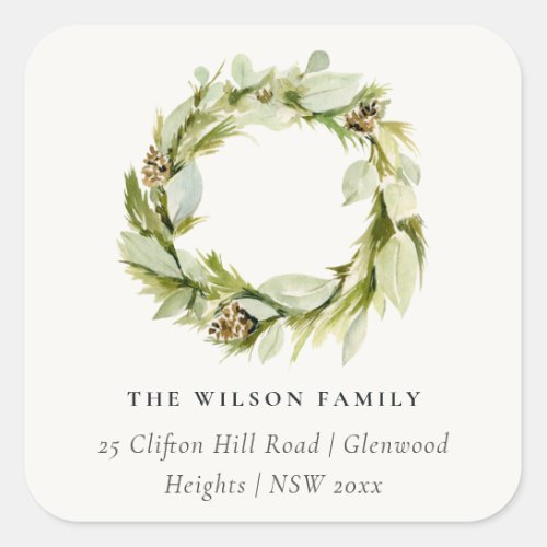 Green Foliage Winter Wreath Christmas Address Square Sticker
