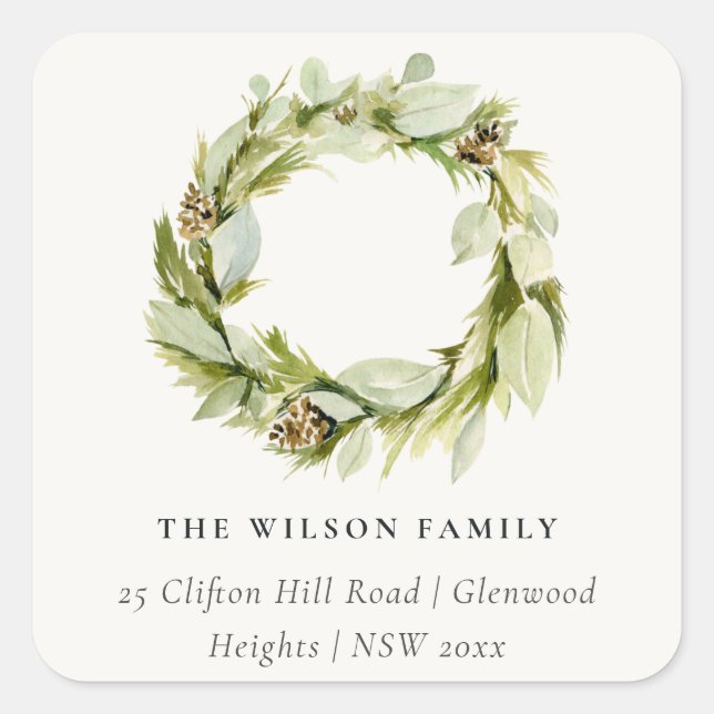 Green Foliage Winter Wreath Christmas Address Square Sticker (Front)