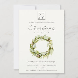 Green Foliage Winter Wreath Logo Christmas Party Invitation