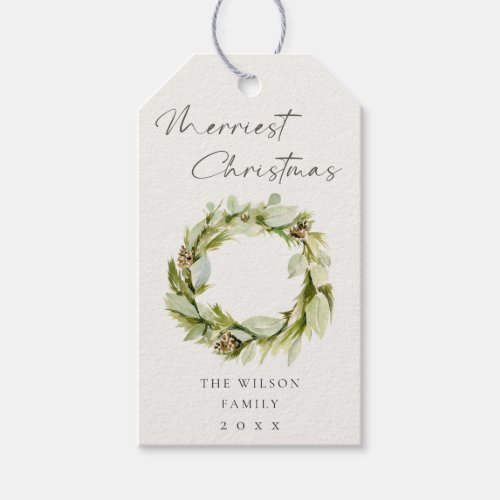 Green Foliage Winter Wreath Merriest Christmas  Gift Tags