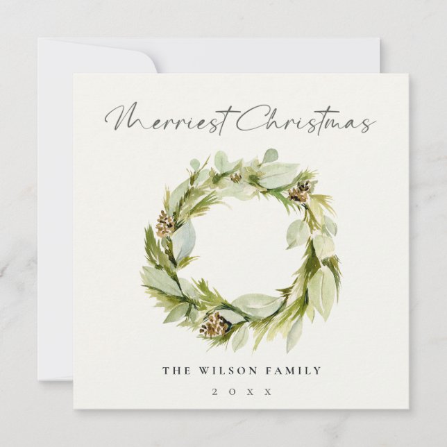 Green Foliage Winter Wreath Merriest Christmas Holiday Card (Front)