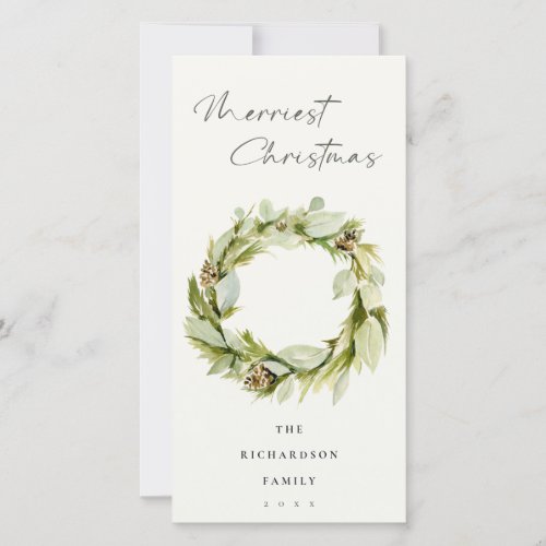 Green Foliage Winter Wreath Merriest Christmas Holiday Card