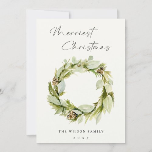 Green Foliage Winter Wreath Merriest Christmas Holiday Card