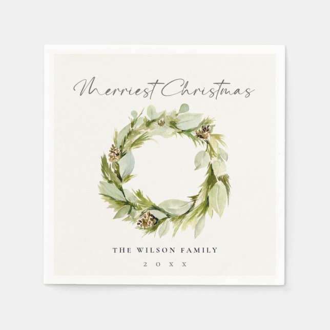Green Foliage Winter Wreath Merriest Christmas  Napkins (Front)
