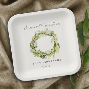 Green Foliage Winter Wreath Merriest Christmas  Paper Plates