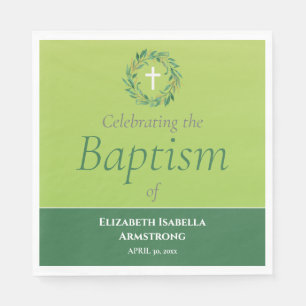 Green Foliage Wreath and Cross Spring Baptism Napkins
