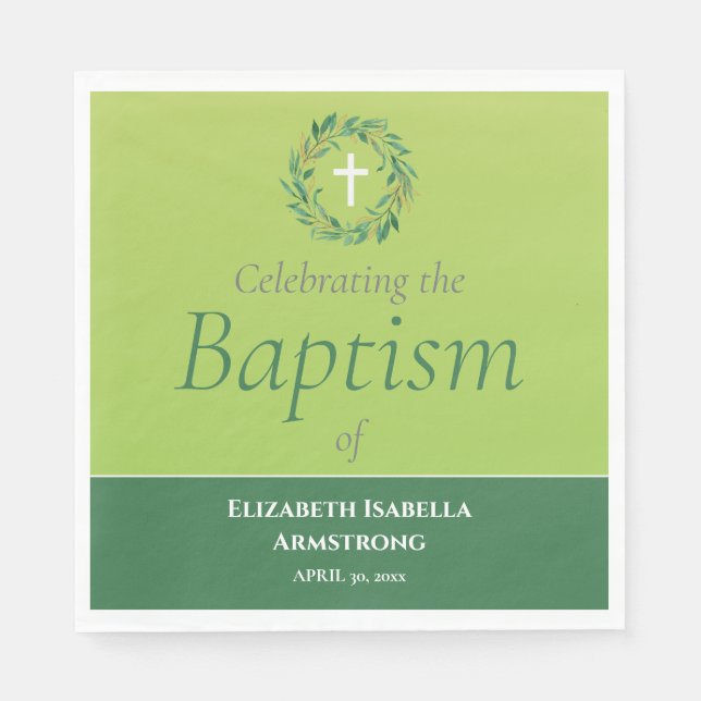 Green Foliage Wreath and Cross Spring Baptism Napkins (Front)