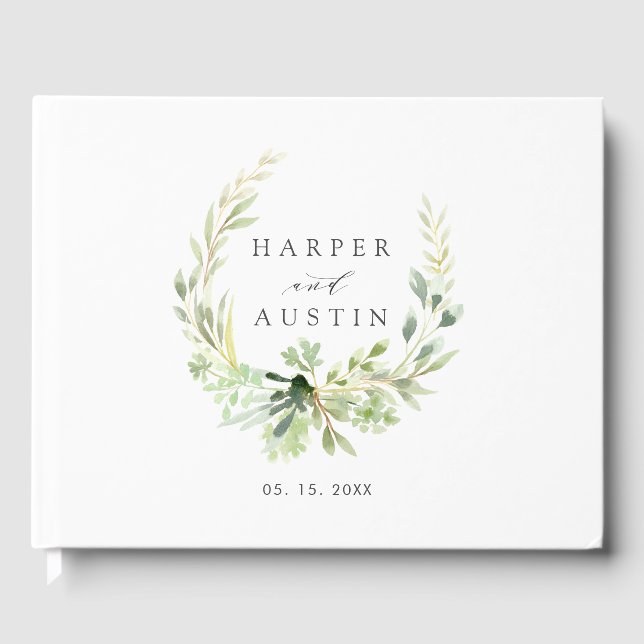 Green Foliage Wreath Botanical Wedding Guestbook (Front)