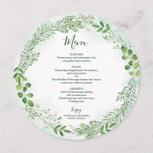 Green Foliage Wreath Greenery Wedding  Round Menu