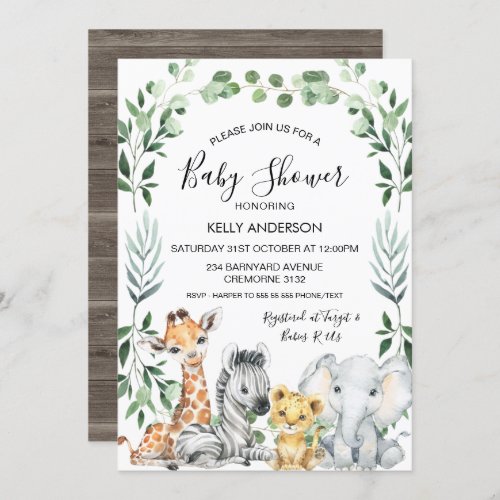 Green Foliage Wreath Safari Animals Baby Shower Invitation