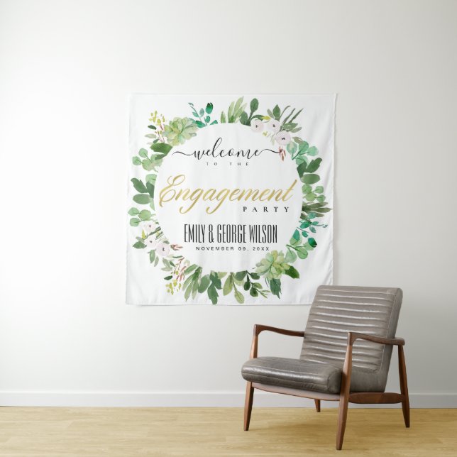 GREEN FOLIAGE WREATH WATERCOLOR ENGAGEMENT WELCOME TAPESTRY (In Situ)