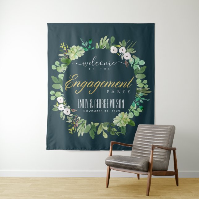 GREEN FOLIAGE WREATH WATERCOLOR ENGAGEMENT WELCOME TAPESTRY (In Situ)