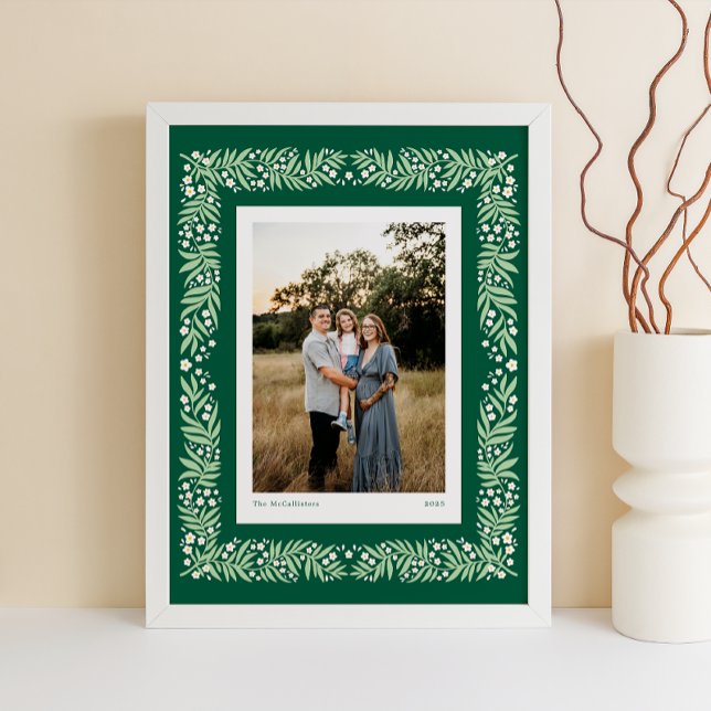 Green Folk Art Floral Frame with Custom Text Poster (Deep green Scandinavian folk art style frame with custom photo and text caption)