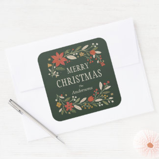 Green Folk Floral Merry Christmas Square Sticker