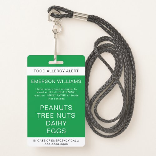 Green Food Allergy Alert Personalized Badge