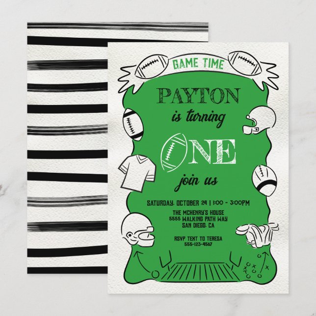 Green Football 1st One Hand drawn Birthday Invitation (Front/Back)