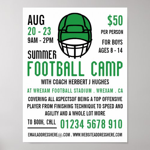 Green Football Helmet Football Camp Advertising Poster