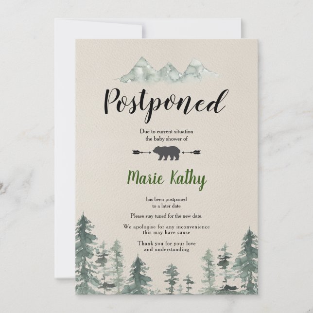 Green forest baby shower Postponed Announcement (Front)