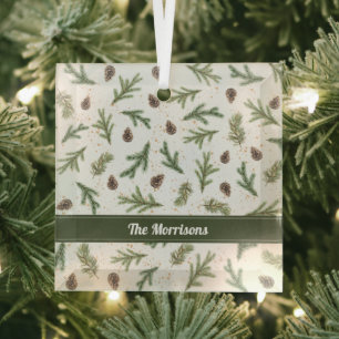Green Forest Branches with Pinecones Glass Ornament