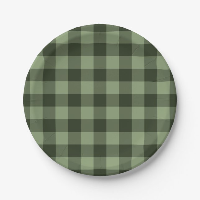 Green Forest Checkered Squares Plaid Party Paper Plates (Front)