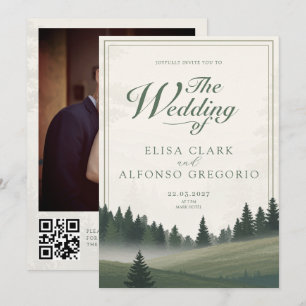 Green Forest Classic Watercolor Photo QR Wedding Invitation