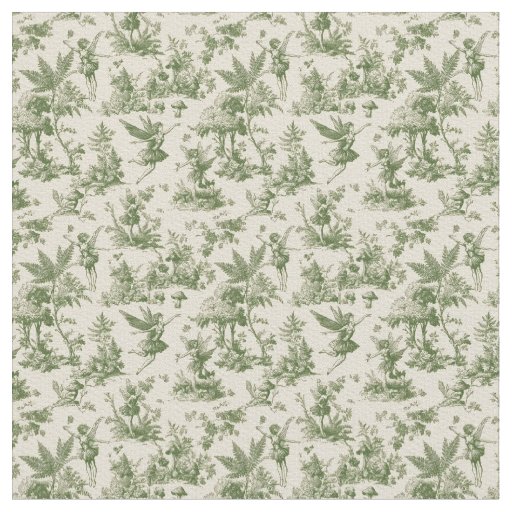 Green Forest fairies Toile de Jouy Pattern Fabric