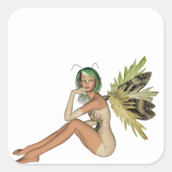 Green Forest Fairy 3d - Sitting Sideways Square Sticker by VoXeeD at Zazzle