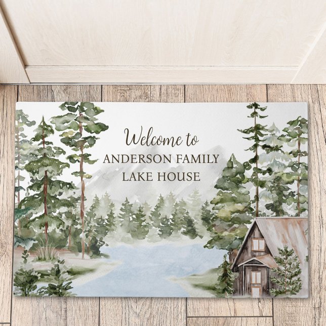 Green Forest Family Lake House Cabin Welcome Doormat (In situ)