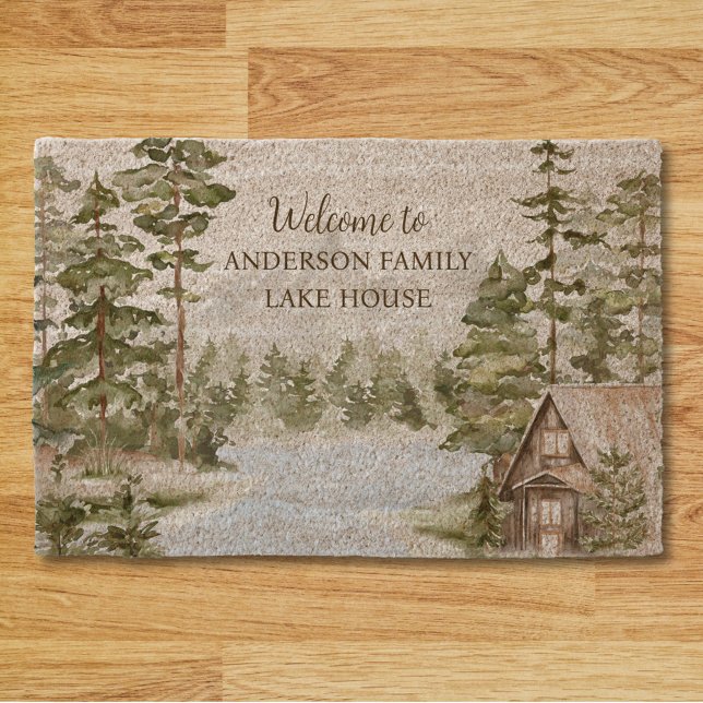 Green Forest Family Lake House Cabin Welcome Fiber Doormat (In situ)