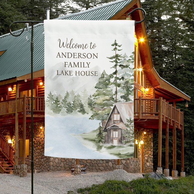 Green Forest Family Lake House Cabin Welcome Garden Flag (In situ)