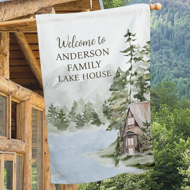 Green Forest Family Lake House Cabin Welcome House Flag (In situ)