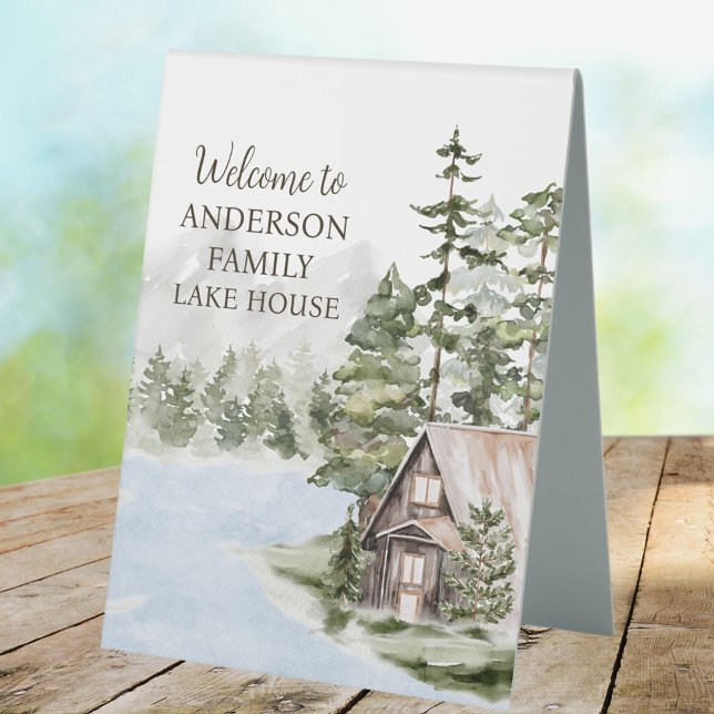 Green Forest Family Lake House Cabin Welcome Table Tent (In situ)