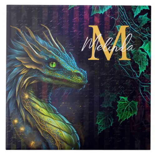 Green Forest Fantasy Dragon Ceramic Tile