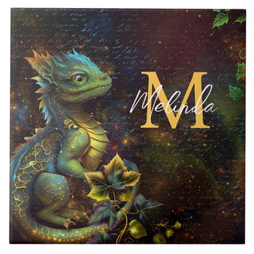 Green Forest Fantasy Dragon Ceramic Tile