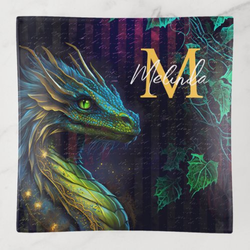 Green Forest Fantasy Dragon Trinket Tray