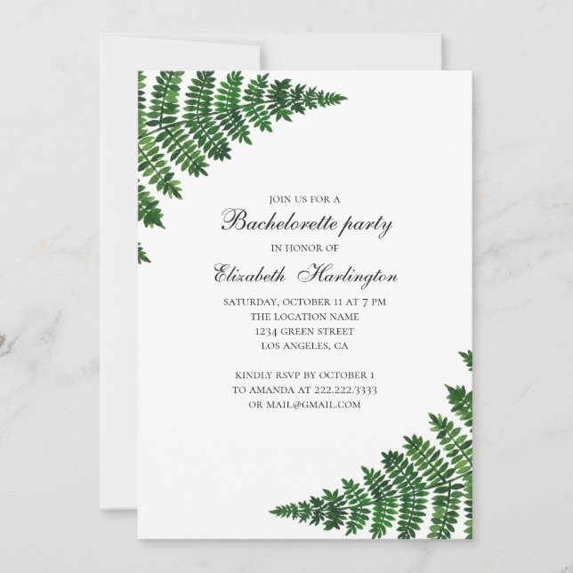 Green forest fern. Woodland bachelorette party Invitation (Front)
