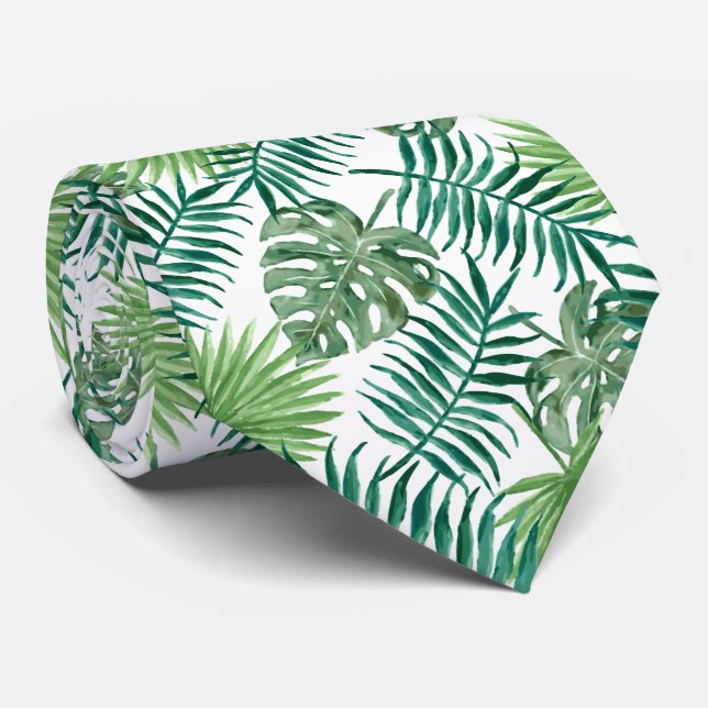 Green Forest Ferns On White Background Neck Tie (Rolled)