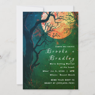 Green Forest & Fire‑Moon Gothic Wedding Invitation