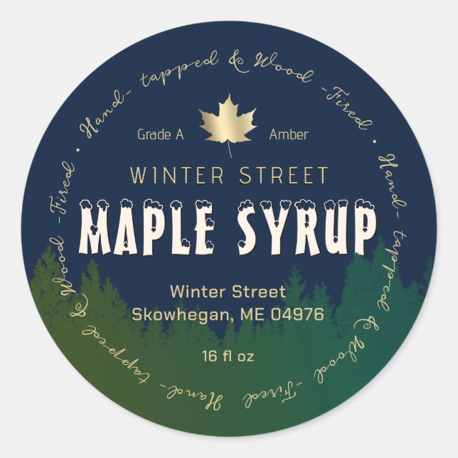 Green Forest Gold Leaf Wood Fired Maple Syrup      Classic Round Sticker (Front)